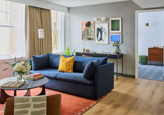 Living area in one-bedroom apartment at Rusk House Serviced Apartments in Houston